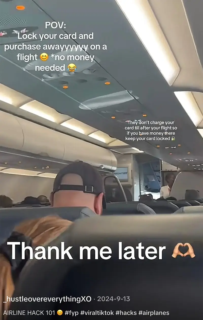 A TikTok content creator who goes by the handle @_hustleovereverythingXO claims that locking a credit card can help avoid charges during a flight - _hustleovereverythingXO