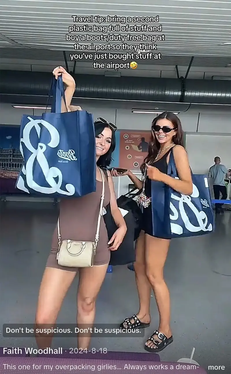 TikTokers Siani and Faith Woodhall fill duty-free bags from Boots with items to avoid paying for extra hand luggage - faithinfashion