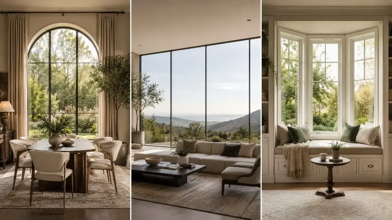 From left to right, arched window, slimline window, and bay window. 