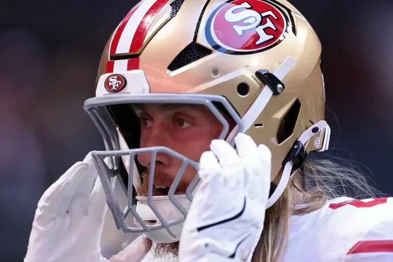 George Kittle #85 of the San Francisco 49ers looks on during warmups before the game against the Atlanta Falcons at Mercedes-Benz Stadium on October 25, 2026, in Atlanta, Georgia. (Photo by Kevin C. Cox/Getty Images)