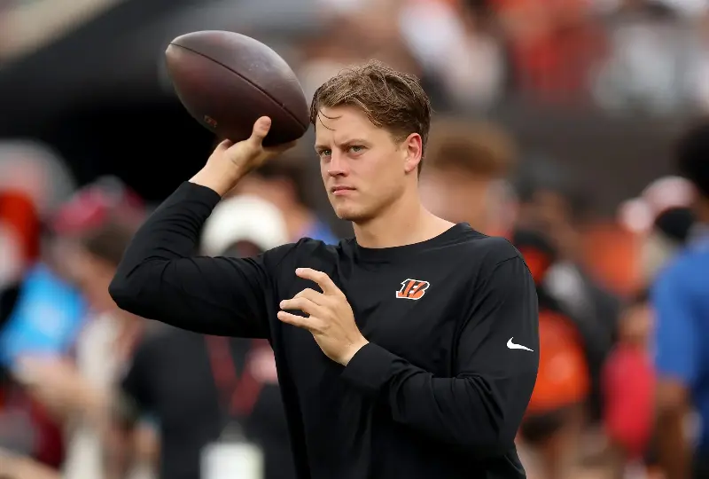 CINCINNATI, OHIO - AUGUST 22: Joe Burrow #9 of the Cincinnati Bengals passes the ball before the game against the Chicago Bears during the preseason game at Paycor Stadium on August 22, 2026 in Cincinnati, Ohio. (Photo by Andy Lyons/Getty Images)