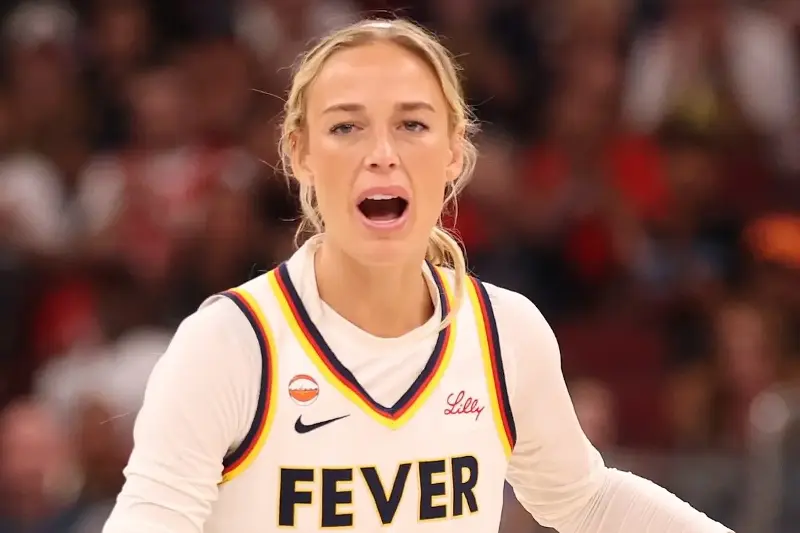 Sophie Cunningham #8 of the Indiana Fever reacts against the Chicago Sky during the second half at United Center on August 08, 2026, in Chicago, Illinois. (Photo by Michael Reaves/Getty Images)