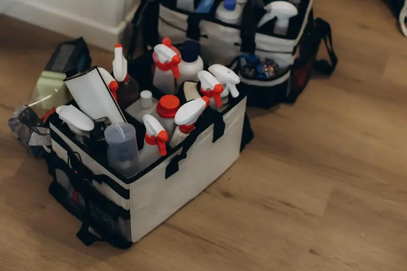 Cleaning supplies in organizer caddy ready for house chores