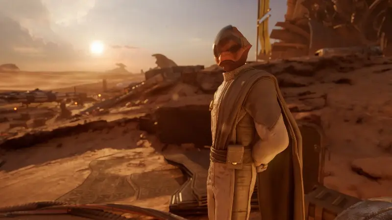 An alien looks out across a desert planet with us in Star Wars: Galactic Racer