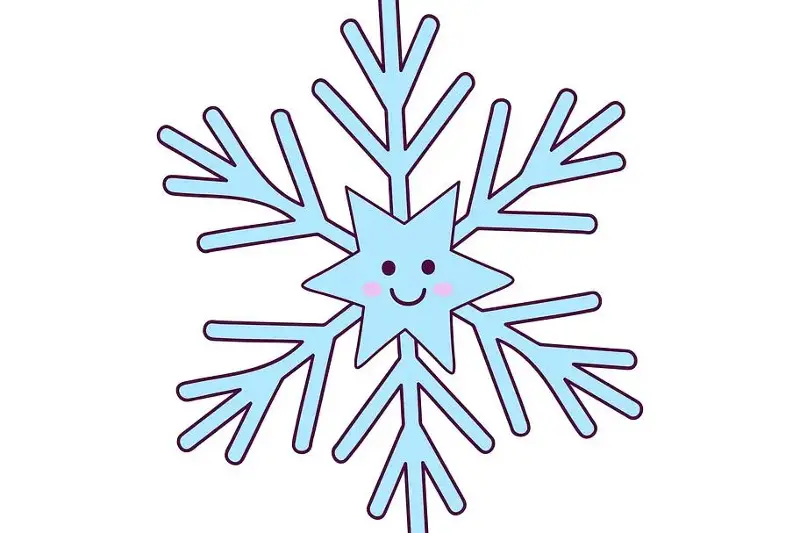 Cute smiling snowflake illustration in hand drawn kawaii style