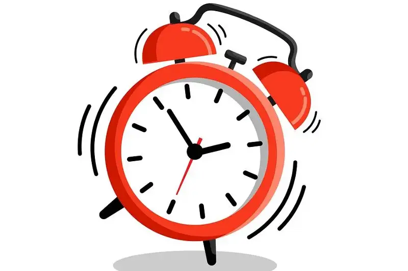 Ringing alarm clock illustration. Clock with loud alarm sound effect. Wake up time. Shaking alarm clock