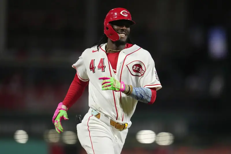Elly De La Cruz #44 of the Cincinnati Reds gestures as he rounds the bases after hitting a solo home run during the ninth inning of a baseball game against the Los Angeles Dodgers at Great American Ball Park on September 14, 2026 in Cincinnati, Ohio. (Photo by Jeff Dean/Getty Images)