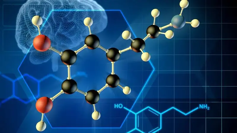 Dopamine molecule against image of brain