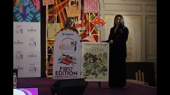 Neha Sinha (right) with author Anuradha Roy at the launch of Wild Capital at the Jaipur Literature Festival (Courtesy Jaipur Literature Festival)