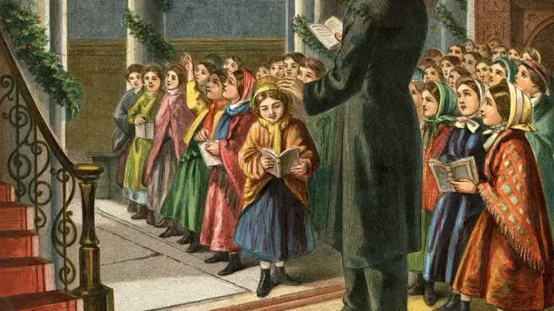 picture of young church Christmas carolers in 'Aunt Louisa’s London Toy Books: The Robin’s Christmas Eve' published in 1867.