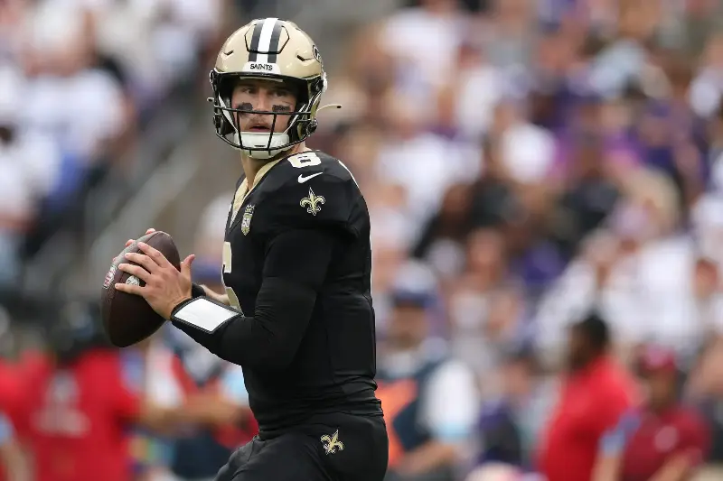 Quarterback Tyler Shough #6 of the New Orleans Saints throws a pass against the Baltimore Ravens at M&T Bank Stadium on September 20, 2026 in Baltimore, Maryland. (Photo by Patrick Smith/Getty Images)