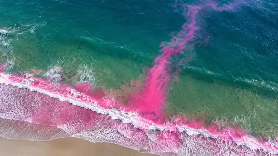 Waves breaking at an angle create a current that runs along the shore and carries dye with it.