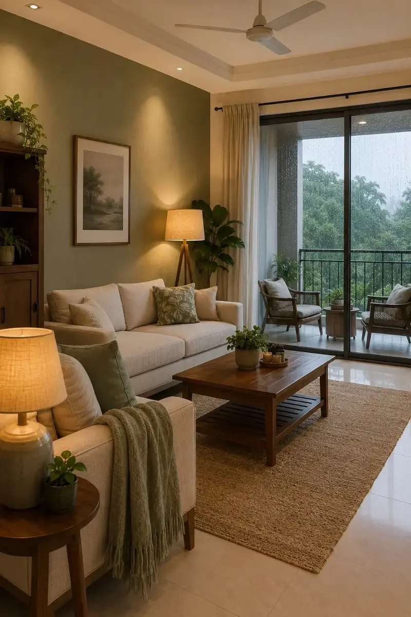 Warm lighting and cosy seating can keep a living room comfortable during the monsoon