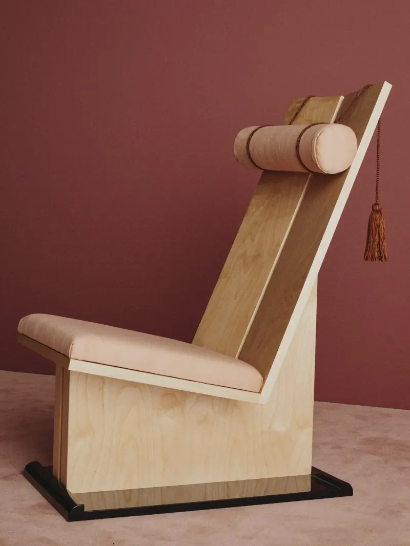 This angular wooden chair by Hauvette & Madani features tasseled cords by historic Parisian atelier Passementerie Verrier. (Image credit: Hauvette & Madani)