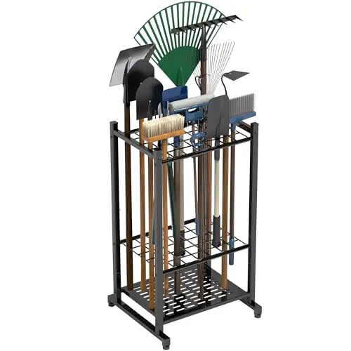 Garden Tool Organizer, Garage Tool Organizer & Garage Organization, Heavy Duty Steel Tool Storage Rack Holds 35 Rakes, Brooms Tools, Broom Holder and Mop Holder, Shed Organizer for Home Organization