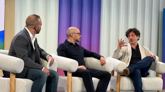 Google co-founder Sergey Brin, right, spoke with Demis Hassabis, head of the company’s DeepMind division, at the annual developer conference in May.