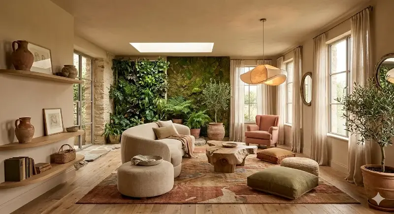 Add splashes of green and soft, curvier furniture to your interiors. 