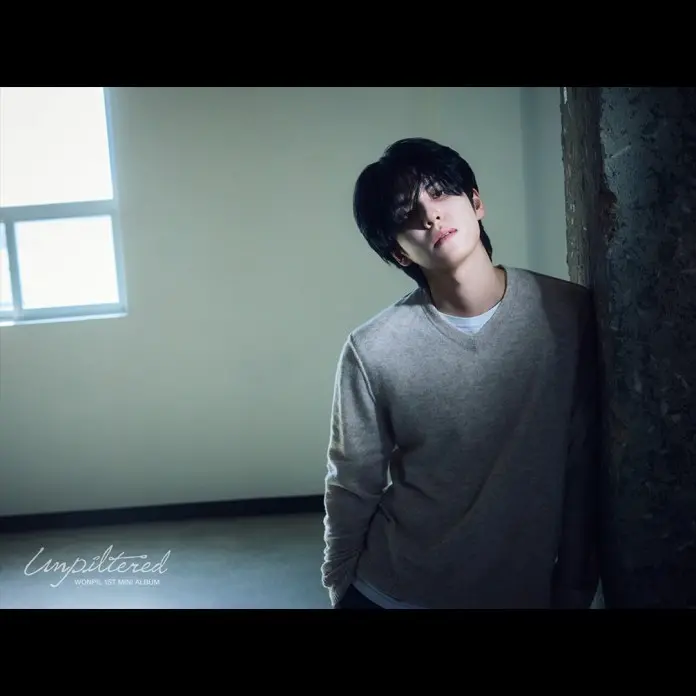 Wonpil  wearing a light gray sweater, leaning against a wall in a minimalistic room with natural light coming from a window.
