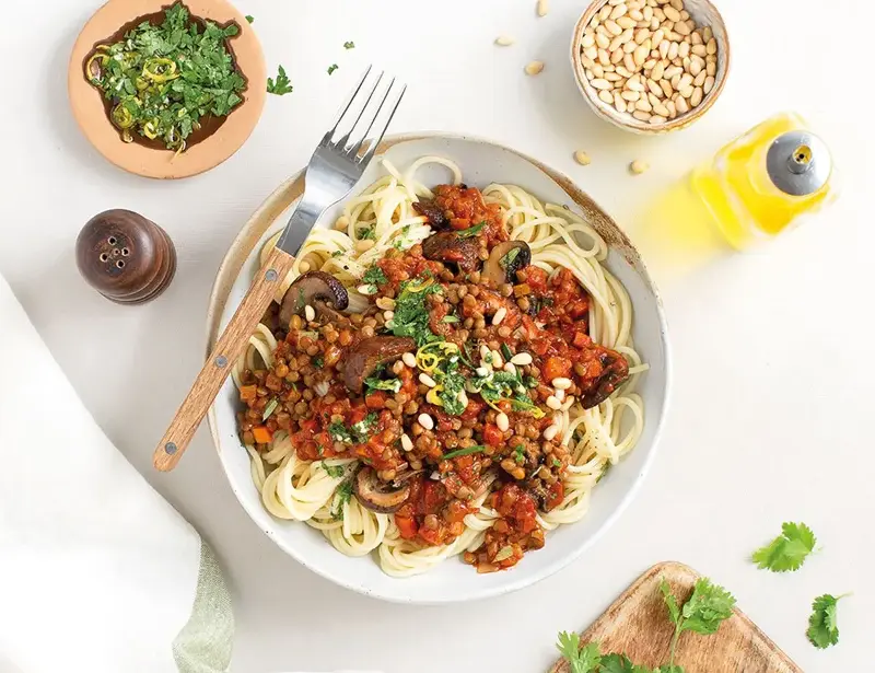 Lentils and mushrooms give this meat-free bolognese plenty of depth (Abel & Cole)