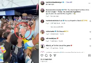 Schweinsteiger dances in celebration with Argentinian fans.
