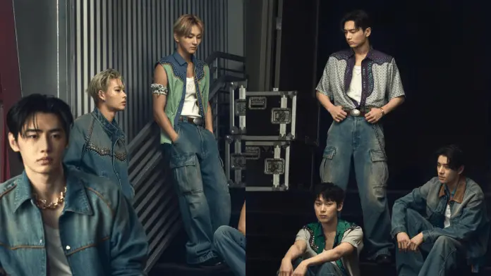 ENHYPEN members posing in urban-style outfits, featuring denim and patterned shirts, with a modern backdrop and dramatic lighting.