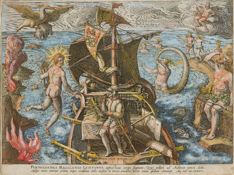 A copper engraving of Ferdinand Magellan on his voyage by Stradanus, made in 1591 - Heritage Images/Hulton Archive