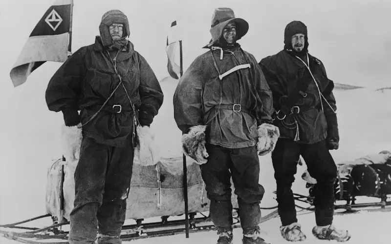 Antarctic explorers Ernest Shackleton, left, Robert Scott, middle, and Edward Wilson, right, at the start of a sledging trip during the Discovery Expedition in 1903 - Popperfoto/Getty Images