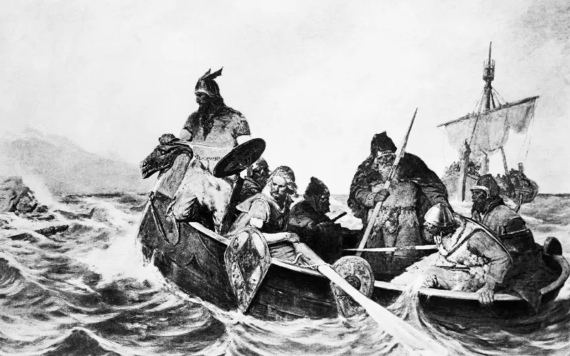 Painting of Leif Eriksson off the coast of Vineland, 1000 AD by Wergeland - Bettmann