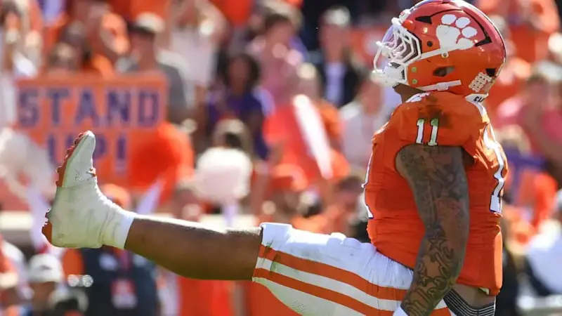 Woods celebrates after sacking Duke Blue Devils quarterback Darian Mensah at Memorial Stadium in Clemson, South Carolina.