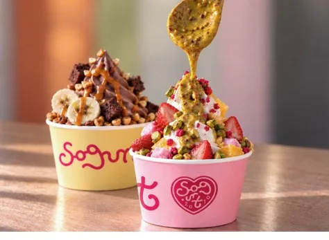 Two Sogurt froyo cups on a wooden table, one with chocolate sauce, banana and brownie, the other with berries and pistachio crumbs