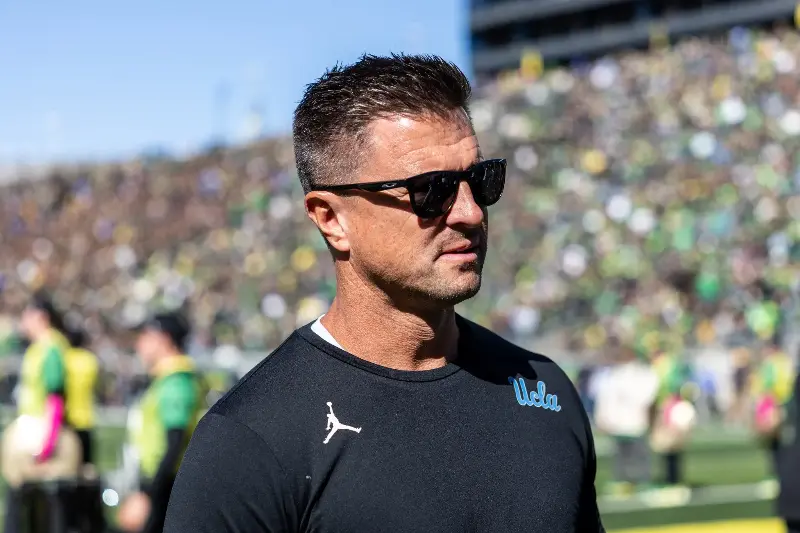Bob Chesney of the UCLA Bruins walks on  the field before  their game Oregon Ducks at Autzen Stadium on October 10, 2026 in Eugene, Oregon. (Photo by Tom Hauck/Getty Images)