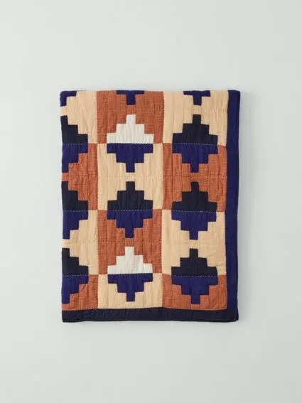 Folk Cotton Patchwork Quilt | Cornflower Blue/terracotta