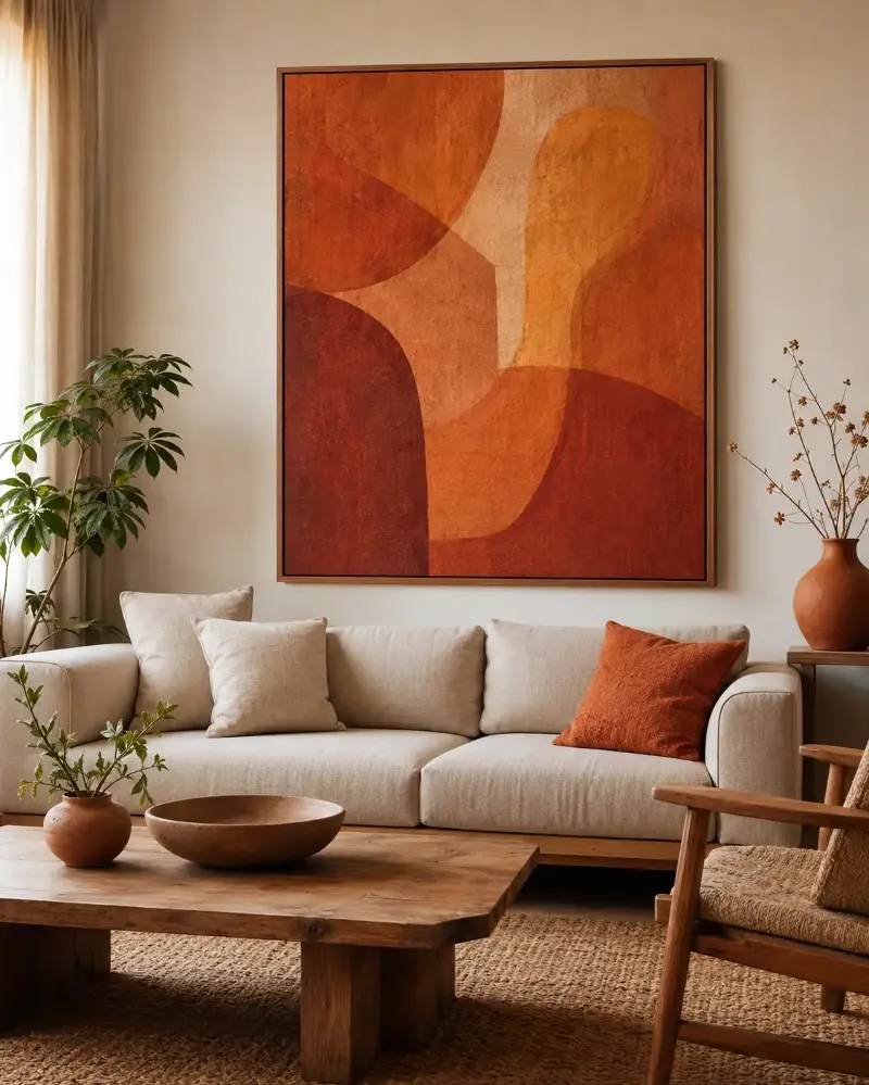 The warm artwork acts as a visual anchor in the space. 