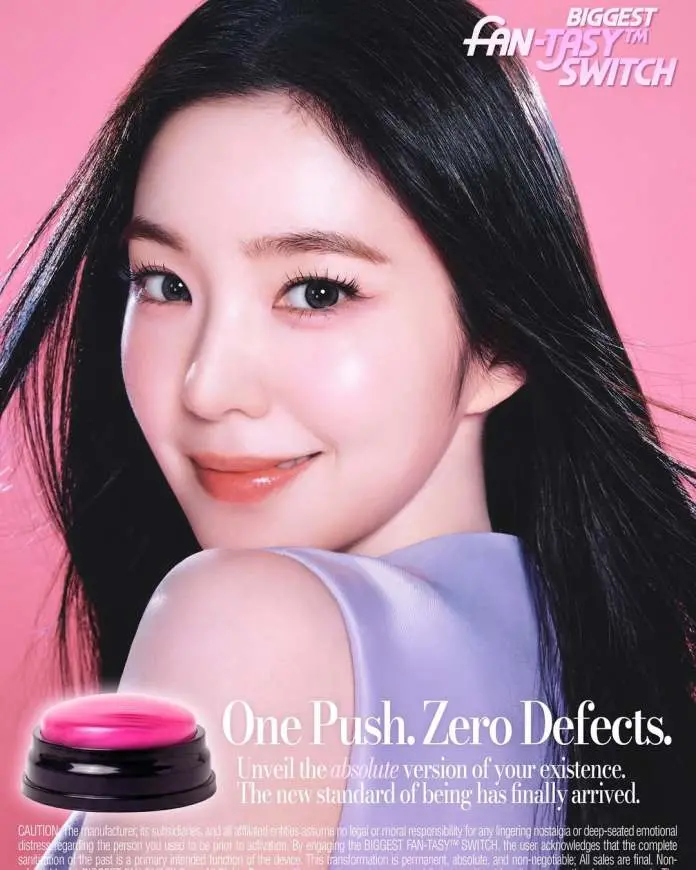 A close-up portrait of Irene wearing a light-colored sleeveless top. She smiles softly against a pink background, with promotional text about a beauty product featuring a button graphic.