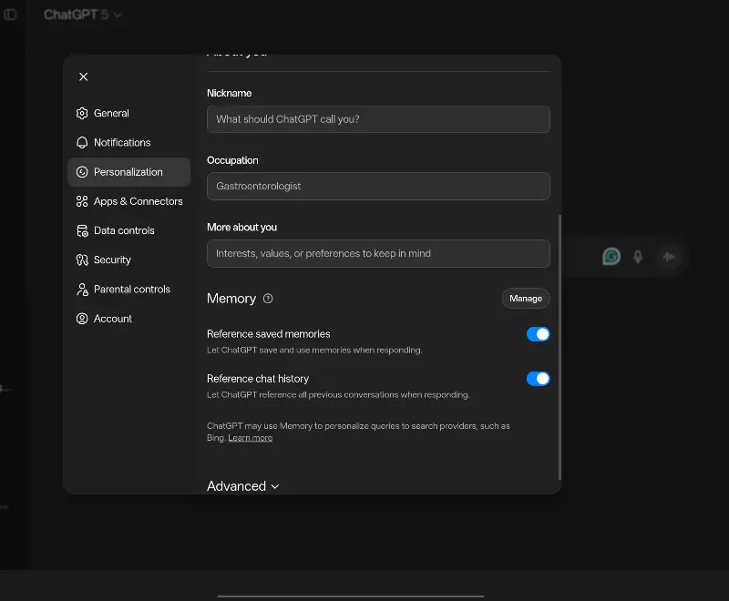 ChatGPT reference memories toggle