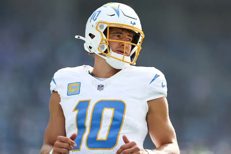 SEATTLE, WASHINGTON - OCTOBER 04: Justin Herbert #10 of the Los Angeles Chargers looks on against the Seattle Seahawks during the first quarter at Lumen Field on October 04, 2026 in Seattle, Washington. (Photo by Olivia Vanni/Getty Images)