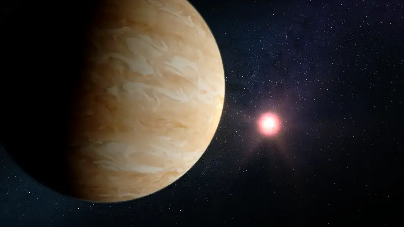 Artist illustration of sub-Neptune exoplanet GJ 1214 b orbiting a red dwarf star