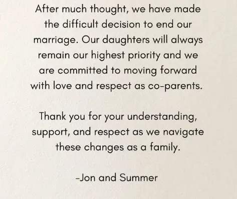 Jon Pardi and Summer Pardi's joint statement