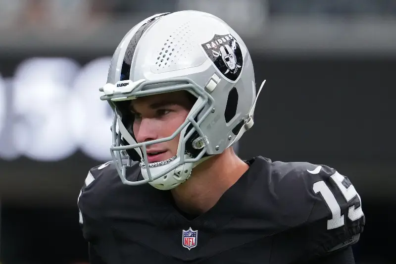 LAS VEGAS, NEVADA - OCTOBER 25: Fernando Mendoza #15 of the Las Vegas Raiders looks on prior to the game against the Los Angeles Rams at Allegiant Stadium on October 25, 2026 in Las Vegas, Nevada. (Photo by Candice Ward/Getty Images)