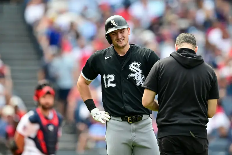 CLEVELAND, OHIO - SEPTEMBER 16: Colson Montgomery #12 of the Chicago White Sox is checked by a trainer after being hit by a pitch during the fourth inning against the Cleveland Guardians at Progressive Field on September 16, 2026 in Cleveland, Ohio. (Photo by Nick Cammett/Getty Images)