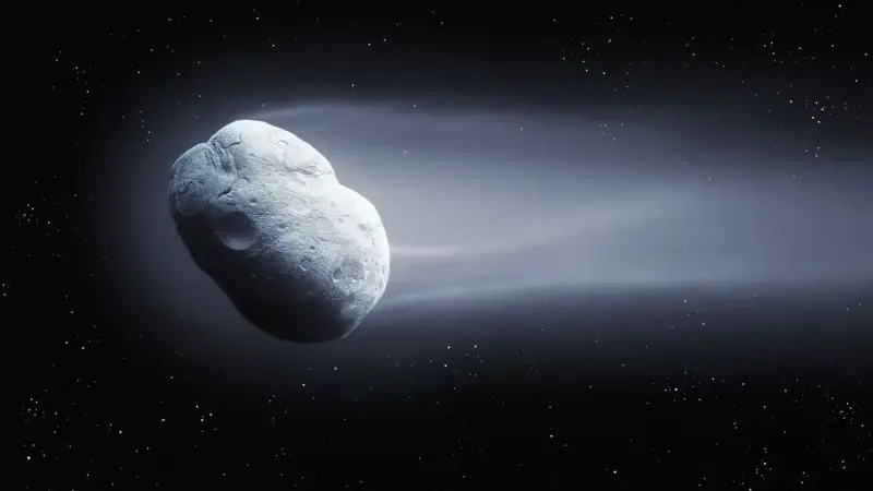 An artist's impression of a centaur gradually transitioning into a comet with a coma and tail.