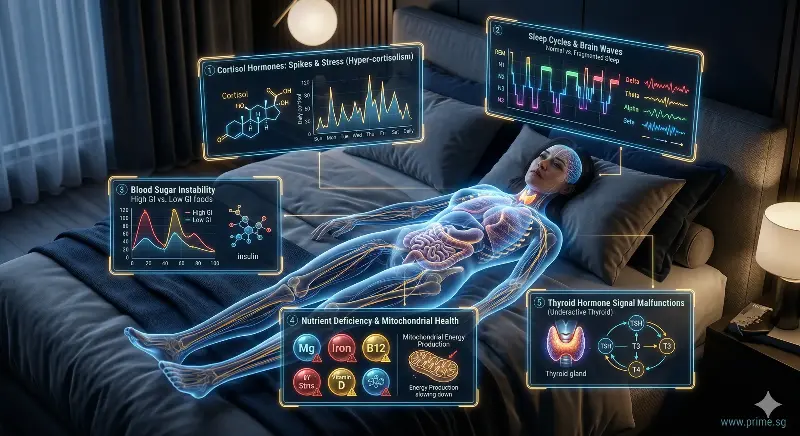 Medical infographic showing five causes of fatigue despite adequate sleep