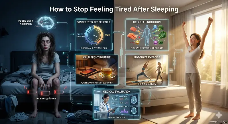 Infographic showing five ways to stop feeling tired after sleeping including sleep schedule, nutrition, reducing night stimulation, balanced exercise and checking health causes