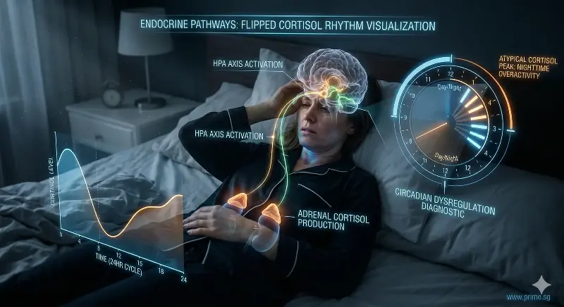 Illustration of cortisol hormone imbalance affecting sleep and morning energy levels