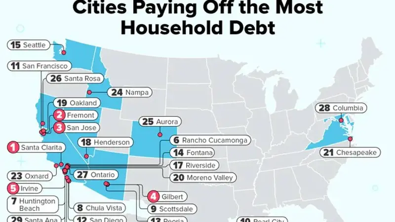 Cities Paying Off the Most Household Debt map