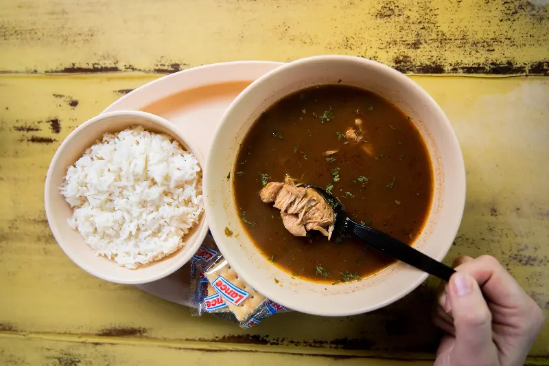 Gumbo in Lake Charles served with rice and saltine crackers (Kathryn Shea Duncan)