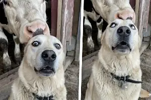 Golden Retriever's stunned reaction to a creeping cow will have you in tears!