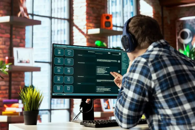 Person listening music uses large language model generative AI chatbot engaging in humanlike interactions. Man wearing headphones solves tasks with artificial intelligence LLM handling user requests
