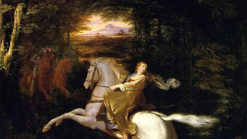 fearful medieval woman on a white horse looks behind her as two knights on horses watch in the background
