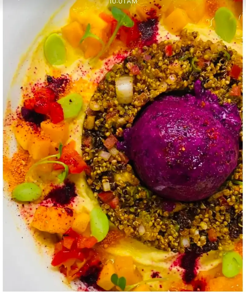 Jamun granita with granola and confit vegetables